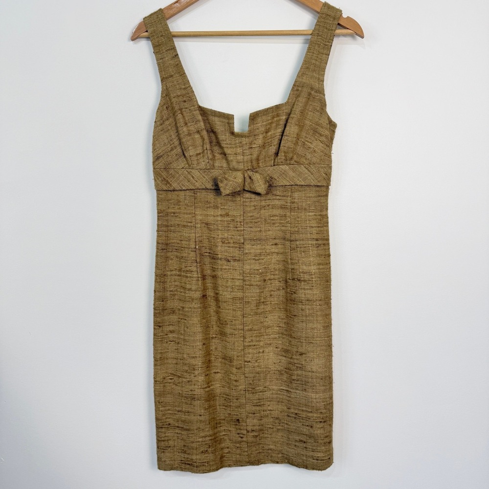 Trina Turk Raw Silk Tweed Dress Womens 4 Brown‎ Bow Mod Retro Party Cocktail